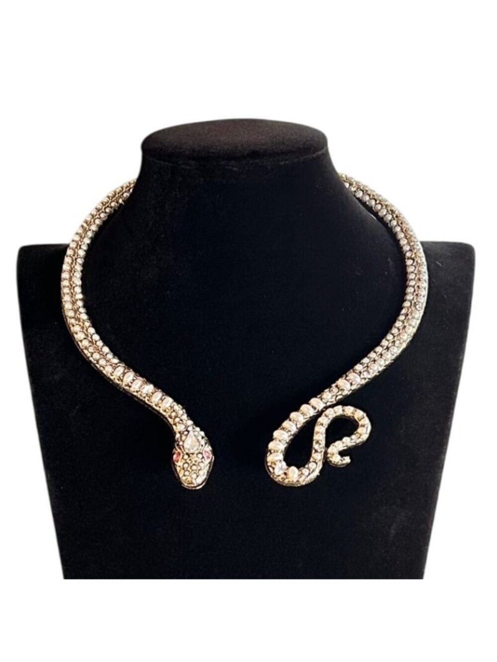 Snake Necklace Faux Pearl Pink Rhinestone Gold Tone Collar Statement Necklace - Picture 2 of 5